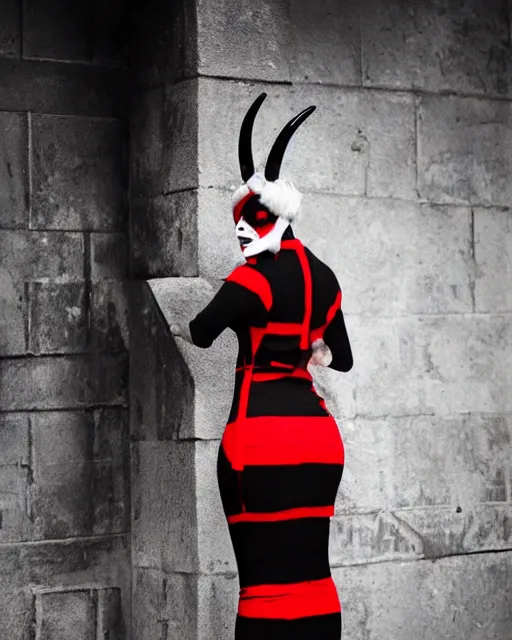 Image similar to Medium shot of Red Imp + White black striped horns + Formal outfit, in the style of greg rutkowski