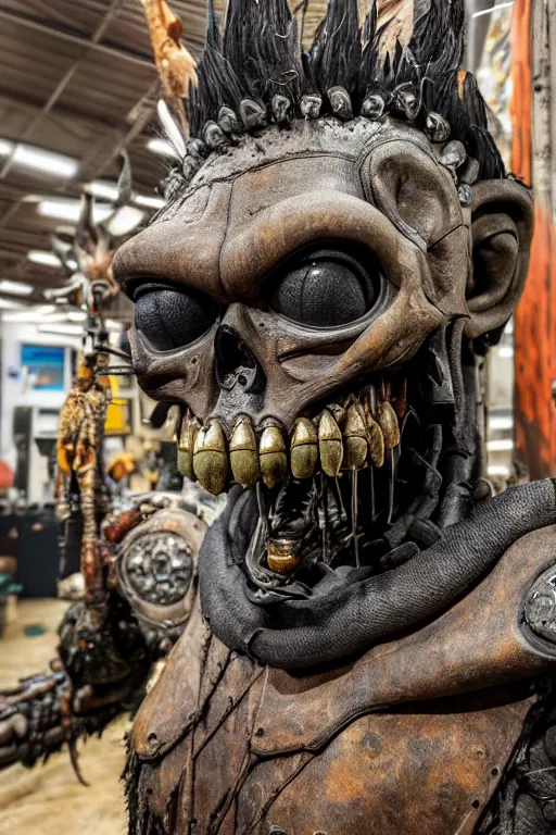 Image similar to photo taken of an epic intricate, ultra detailed, super realistic gritty, hero prop, exquisitely weathered animatronic movie prop of a lifelike sculpture of a tlaloc the god of the death creature displayed in the workshop, created by weta workshop, full body shot, photorealistic, sharp focus