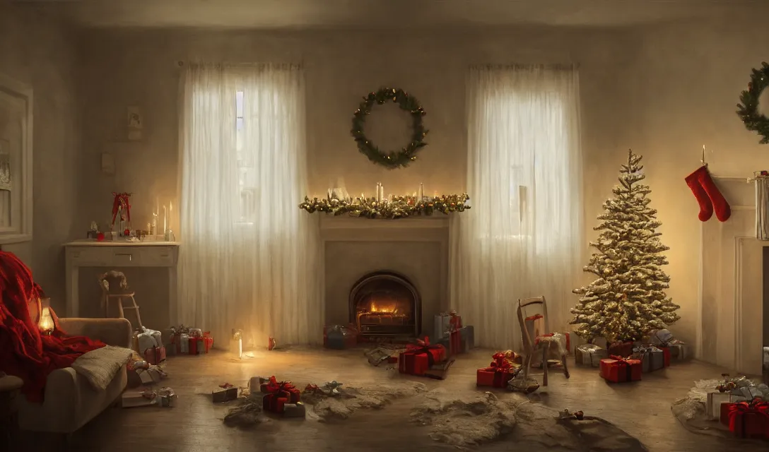 Image similar to a christmas eve photorealistic painting on the wall, ascher clemens, home, interior, octane render, deviantart, greg rutkowski, cinematic, key art, hyperrealism, canon eos c 3 0 0, ƒ 1. 8, 3 5 mm, 8 k, medium - format print