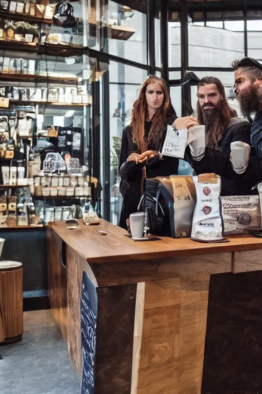 Prompt: vikings in modern city try to buy coffee in starbucks