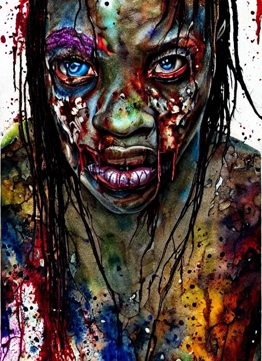 Image similar to african american zombie hollywood artwork professional acting headshot, hyperrealism, intricate detail, studio lighting, charming expression gesicht, hauntingly beautiful zombie, watercolor art, epic, legendary, drawn and painted, colored layers, dulled contrast, exquisite fine art, splatterpaint