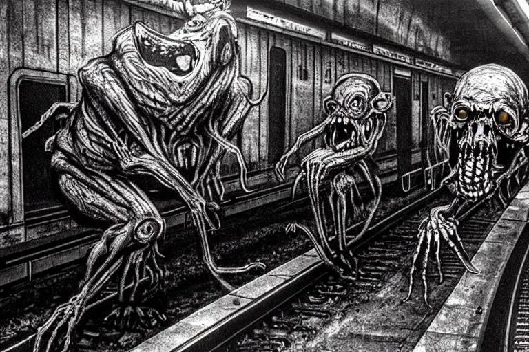 Image similar to very large giant mutant zombie irradiated angry rat sraying on railways in tonnel of moscow subway. extreme high detail, very realistic. low dark light, scary mood. giger and hermann nitsch