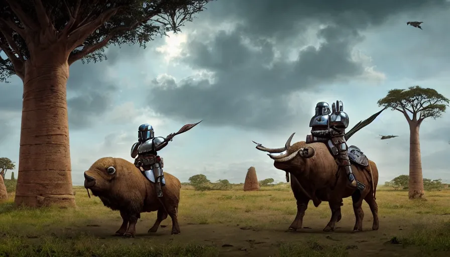 Prompt: mandalorian riding a buffalo alone, madagascar with baobabs trees in the background, action scene, an epic fantasy, artgerm and greg rutkowski and alphonse mucha, an epic fantasy, volumetric light, detailed, establishing shot, cinematic, photorealistic, hyper detailed, ultra realistic, trending on art station, octane render, midsommar