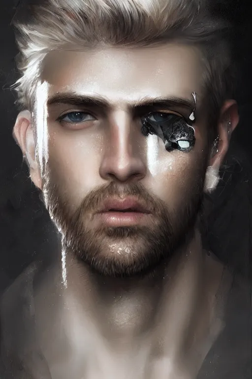 Image similar to blonde wild hair man with a little beard, one black eye - patch, plain white shirt, close - up portrait, powerfull, intricate, elegant, volumetric lighting, scenery, digital painting, highly detailed, artstation, sharp focus, illustration, concept art, ruan jia, steve mccurry