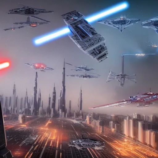 Prompt: a futuristic city, it's night, a star destory from star wars flies above it, realistic 8k