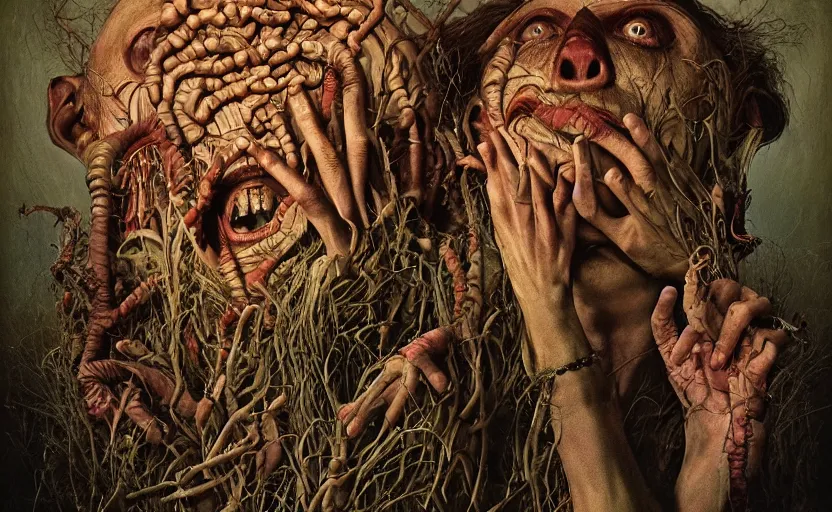 Image similar to 35mm color, humans enslaved, workhouse, portrait, fashion shoot, freak show, weird, random, strange, hyperdetailed, photorealistic, interesting, by David la chapelle and karol bak and david cronenberg and WETA digital, art by Zdzisław Beksiński, Ivan Bilibin, Dariusz Zawadzki , ID magazine, octane rendering, cinematic, hyperrealism, octane rendering, 8k, depth of field, bokeh.