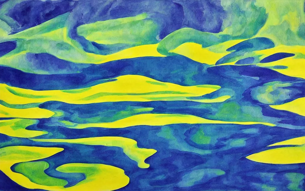 Image similar to the alps and reflection in a lake in the style of georgia o keeffe. colorful, wavy. painting. medium long shot. perspective. color palette of blue, yellow, purple, green.