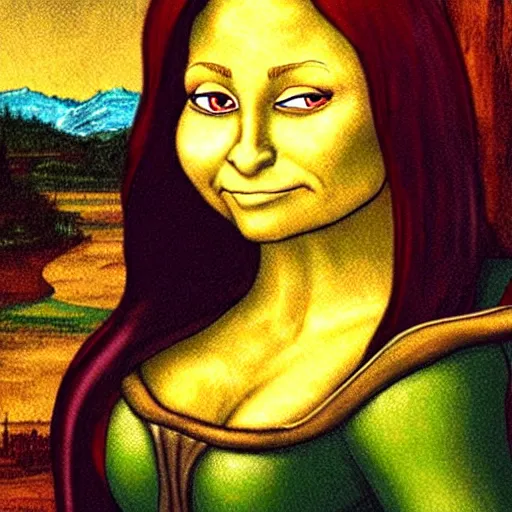 Image similar to shrek from shrek with long lush golden hair attractive muscular stylish knight in shining golden armor with long lush golden hair a strong jaw and attractive green eyes, fantasy art, hyper detailed, extremely complex, hyper realistic, similar to the mona lisa, art by leonardo devinci