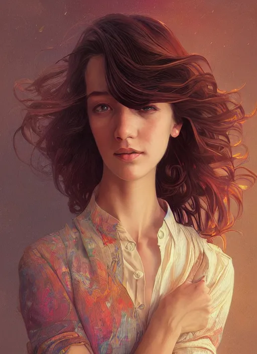 Image similar to handsome young women with shoulder length brown hair, half body shot, path traced, highly detailed, high quality, digital painting, alena aenami, lilia alvarado, shinji aramaki, karol bak, alphonse mucha, tom bagshaw