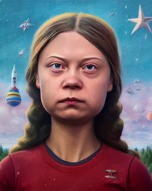 Image similar to closeup face profile portrait of greta thunberg as a soviet space toy, bikini, depth of field, zeiss lens, detailed and intricate environment, fashion photoshoot by nicoletta ceccoli, mark ryden, lostfish, breathtaking, 8 k resolution, artistic, hyperrealistic, octane render