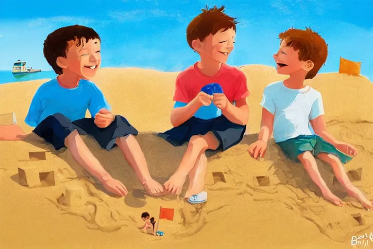 Prompt: Two happy children sitting on the beach making sandcastles, blue sky, HD, concept art, illustration by Benji Davies