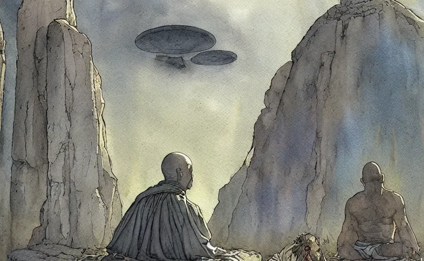 Image similar to a realistic and atmospheric watercolor fantasy concept art of giant monk with a long forehead in grey robes sitting in stonehenge. in the background a ufo is in the sky. by rebecca guay, michael kaluta, charles vess