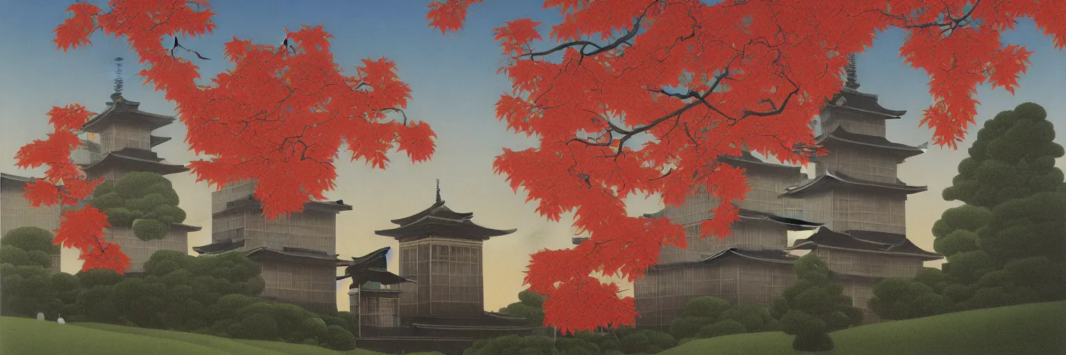 Image similar to japanese lantern and pagoda painting magritte