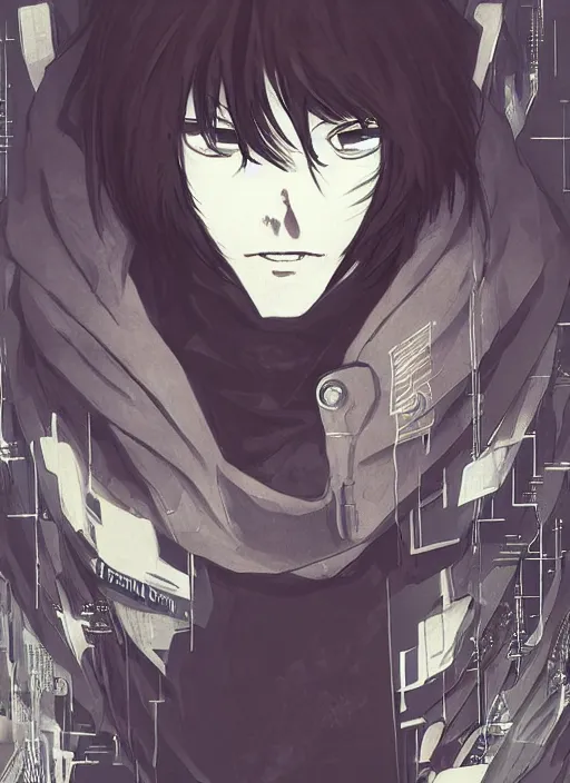 Image similar to manga cover, black-haired man wearing a black hoodie, stubble beard, thick eyebrows, short hair, intricate cyberpunk city, emotional lighting, character illustration by tatsuki fujimoto