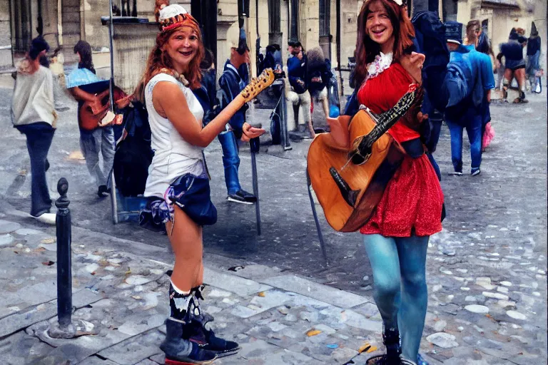 Prompt: a busking girl in the streets of paris with a pirate smile, hyperrealism, 8k, fantasy, digital art, artstation