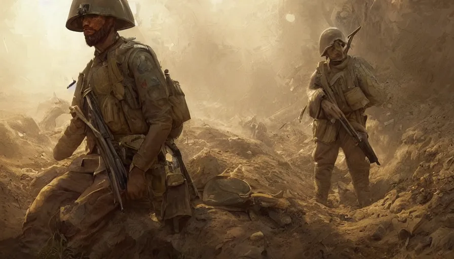 Prompt: beautiful digital painting of a lone survivor, one soldier after his squad killed in action in a trench waiting for the war to end. cinematic lighting and rendering, atmospheric, concept art, high detailed faces, artstation, underpainting by artgerm and greg rutkowski, overlay by eddie mendoza
