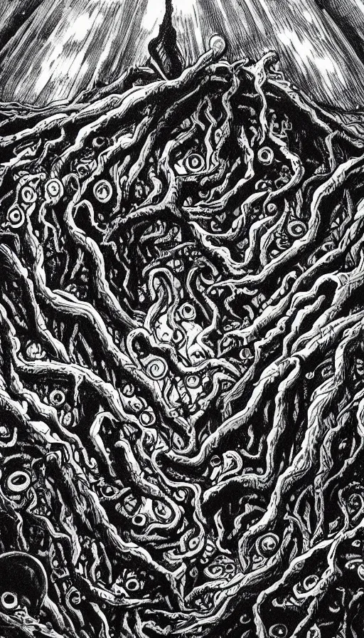 Image similar to a storm vortex made of many demonic eyes and teeth over a forest, by h. p. lovecraft