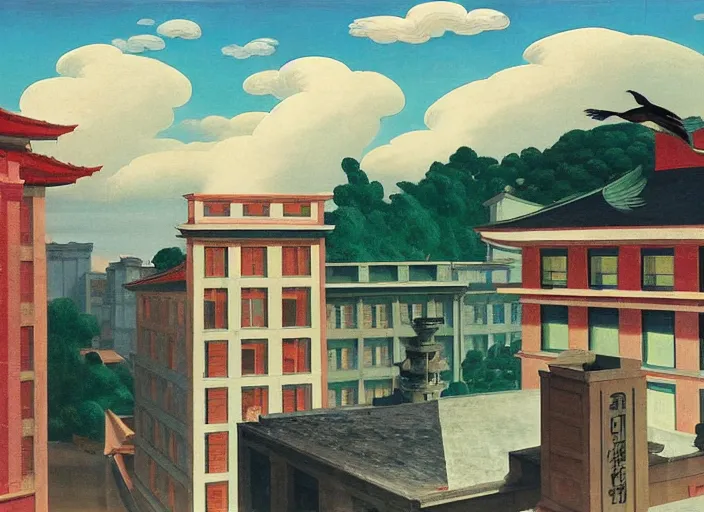 Image similar to old asian city, clouds, bird, open ceiling, strange foreign objects, oil painting by edward hopper, chirico and rene magritte