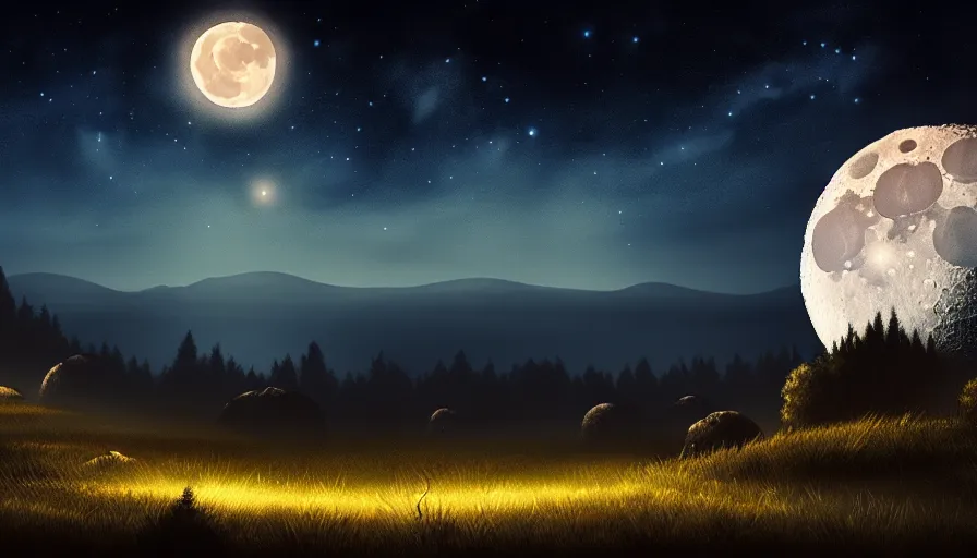 Image similar to a beautiful landscape at night, big moon on the right, stars in the sky, matte painting, dark blue tones, high contrast, intricate details, concept art, 4 k