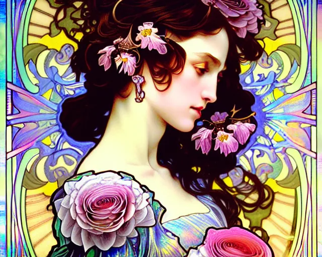 Image similar to overlord, rococo and art nouveau fusion, iridescent diaphanous refractive and reflective flower bouquet, tarot card, highly detailed, deep focus, elegant, digital painting, smooth, sharp focus, illustration, ultra realistic, 8 k, art by artgerm and alphonse mucha