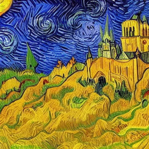 Image similar to beautiful gothic castle landscape in the style of Vincent Van gogh