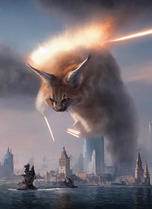 Image similar to hyper realistic giant fluffy caracal attacking moscow city harbor explosions, atmospheric beautiful details, strong composition painted by kim jung giu weta studio rutkowski, james gurney and greg rutkowski, and lucasfilm