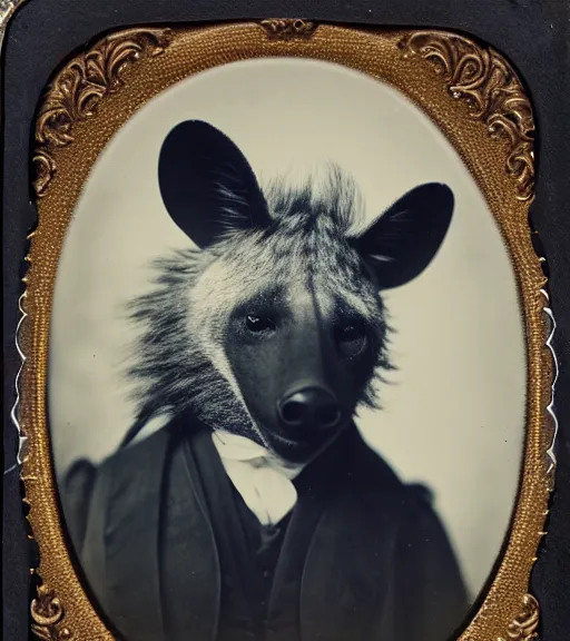 Prompt: professional studio photo portrait of anthro anthropomorphic spotted hyena head animal person fursona wearing elaborate pompous royal robes clothes by Louis Daguerre daguerreotype tintype