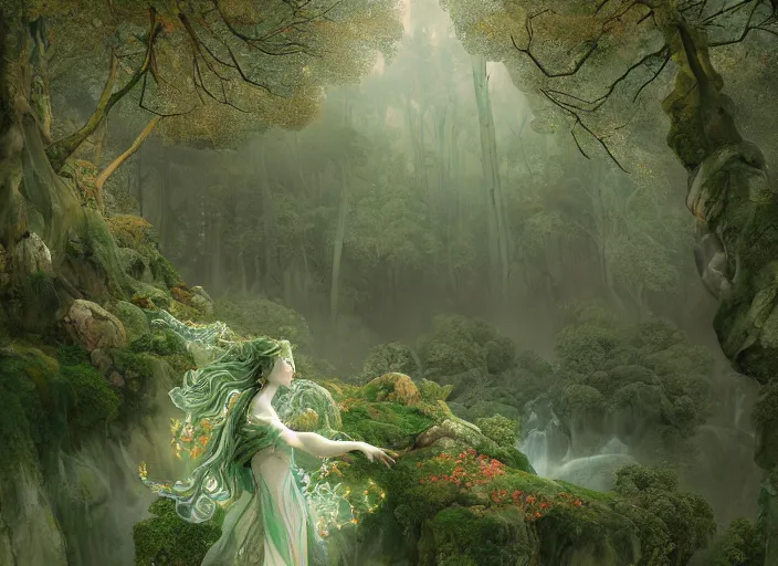 Image similar to a portrait of idealistic marble statue with fractal flowery hair and fair porcelain face and green eyes, in a magical forest, painted in watercolour by, mc escher, gordon onslow ford, georgia o'keeffe and ivan aivazovsky, cinematic light, god rays, colourful, unreal engine, zbrush central,