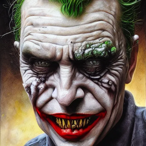 Prompt: The Joker, hyper-realistic oil painting, Body horror, biopunk, by Peter Gric, Marco Mazzoni