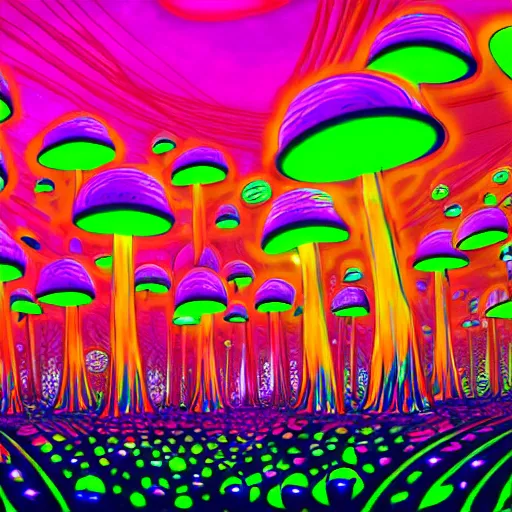 Prompt: Vast forest of many giant glowing mushrooms, Neon colors, psychedelic art, trippy, 4k, HQ, Trending on Artstation