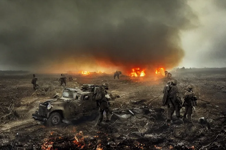 Image similar to desolate battleground, multiple soldiers on the ground!, thick dark smoke!, vehicles on fire, heavy rain from thick clouds, storm, (mushroom cloud) in the background, bleak, melancholy atmosphere, band of brothers, 4k artwork by Gregory Crewdson and Grzegorz Domaradzki and Ivan Shishkin and Jakub Rozalski