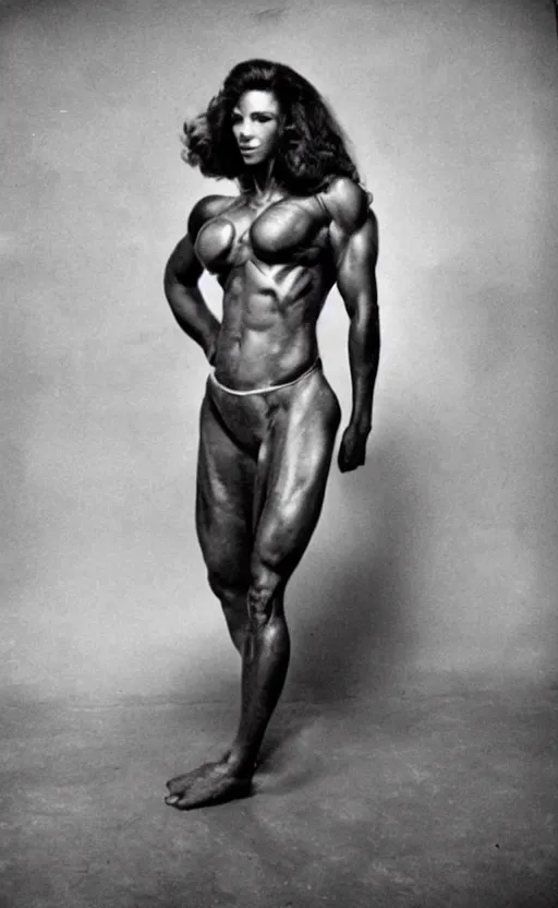 Image similar to gigachad as woman, full body photo, bodybuilder Ernest Khalimov, black and white photograph