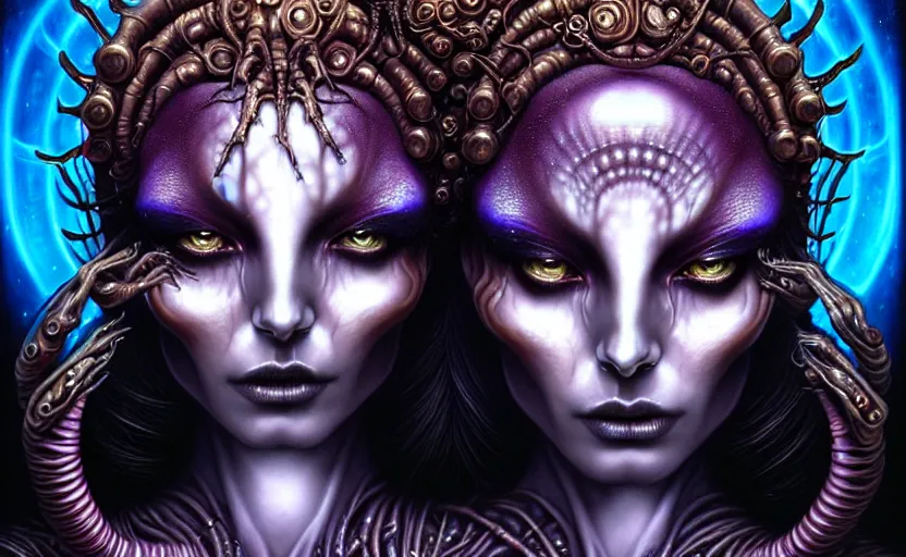 Image similar to A beautiful detailed alien goddess woman with 6 arms super dark tarot card, gorgeous model face by Stanley Artgerm, by tomasz alen kopera and Justin Gerard, 4 eyes, beautiful symmetrical features, ominous, magical realism, melting, texture, intricate, ornate, royally decorated, melting, whirling smoke, embers, purple adornments, blue torn fabric, radiant colors, fantasy, trending on artstation, volumetric lighting, micro details, 3d sculpture, ray tracing, 8k, anaglyph effect