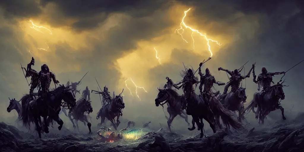 Image similar to ”four horsemen of the apocalypse riding skeleton horses towards the camera [epic, cinematic, scary, intimidating, horror, war, battle, hell, storm clouds, lightning, octane render, 8k, mattepainting, art by wlop and paul lehr and greg rutkowski]”