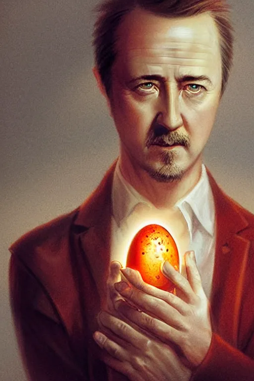 Image similar to edward norton's face in a boiled egg, highly detailed, dramatic lighting, concept art by caravaggio and greg rutkowski and artgerm