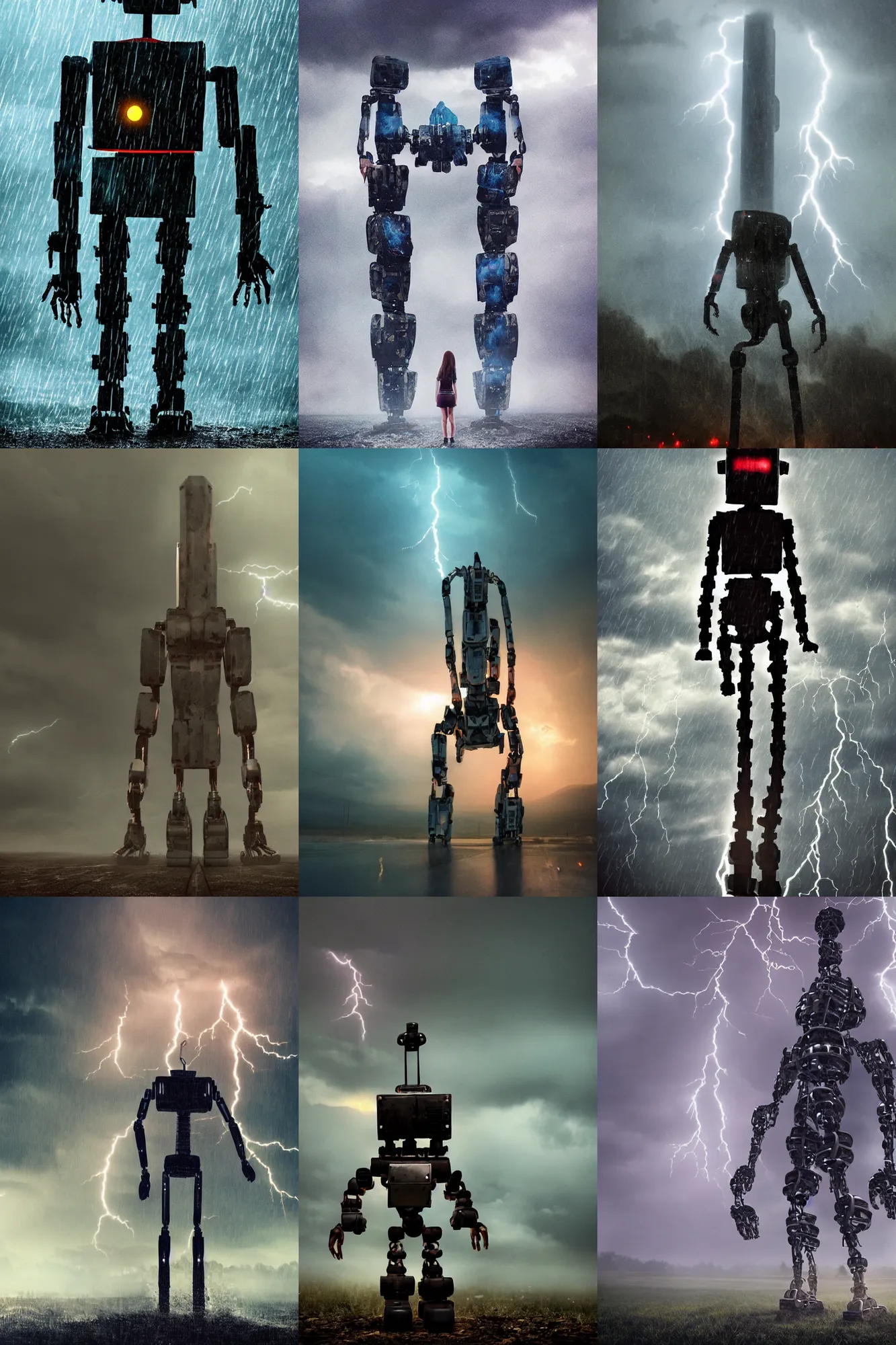 Prompt: detailed photograph of towering robot!!!!!! standing in the distance as a teenage girl!!!!!! screams near the camera wearing wet!! and ripped!!! shirt and shorts, short dof, atmospheric, apocalyptic rain and smoke and lightning, bold colors, dramatic movie still