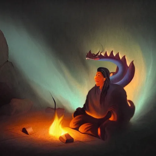 Image similar to A Taoist sitting by a fire in a cave conjuring a smoke dragon, soft colours with a dramatic lighting,