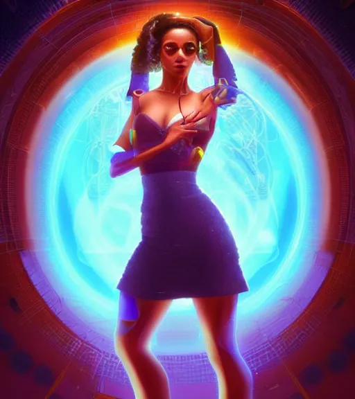 Prompt: symmetry!! latina princess of technology, solid cube of light, hard edges, product render retro - futuristic poster scifi, lasers and neon circuits, beautiful brown skin woman latina princess, intricate, elegant, highly detailed, digital painting, artstation, concept art, smooth, sharp focus, illustration, dreamlike, art by artgerm