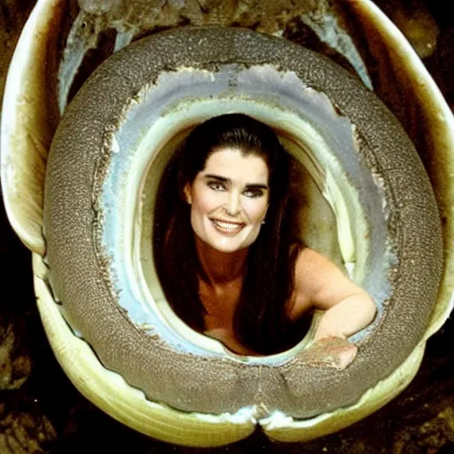 Image similar to Brooke Shields as Aphrodite climbing out of a giant open clam.