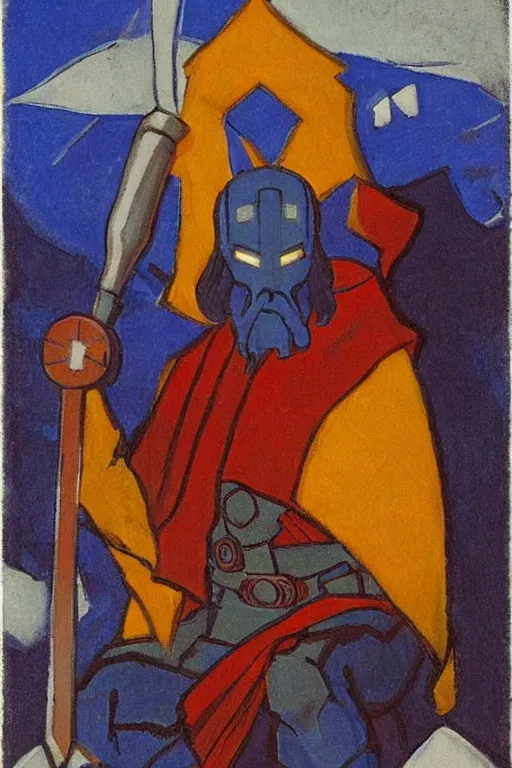 Image similar to thor with hammer, marvel, artwork by nicholas roerich,