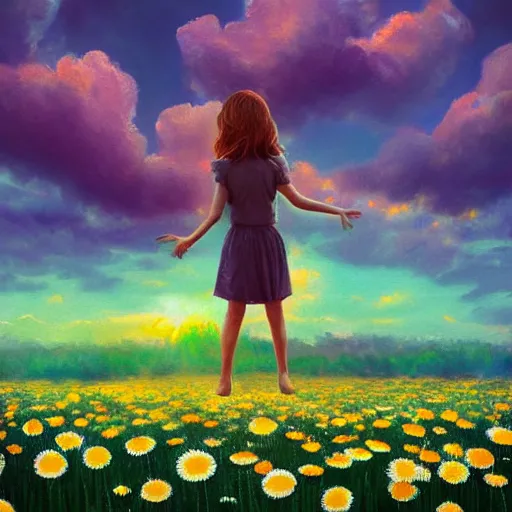 Image similar to head made of giant daisies, girl standing barefoot in a vast flower field, arms outstretched, surreal photography, sunrise dramatic light, impressionist painting, colorful clouds, large sky, digital painting, artstation, simon stalenhag, flower face