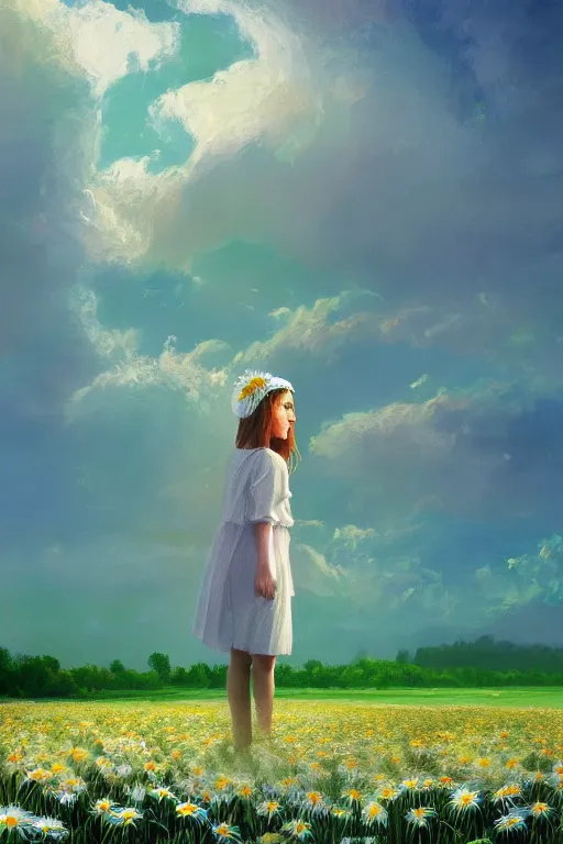 Image similar to white daisy flowers as head veil, girl walking in a flower field, surreal photography, sunrise, dramatic light, impressionist painting, colorful clouds, digital painting, artstation, simon stalenhag