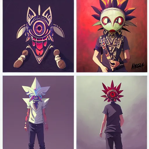 Image similar to sneaker design, astec mayan street fashion native punk shoe design, majora's mask, wearing wooden mask, ship hop sneaker design with subtle mayan patterns, gapmoe yandere grimdark, trending on pixiv fanbox, painted by greg rutkowski makoto shinkai takashi takeuchi studio ghibli, akihiko yoshida