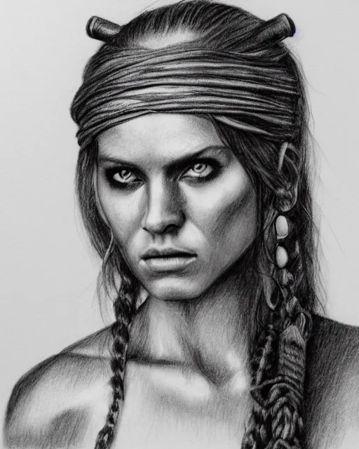 Image similar to A beautiful female warrior on a faded background of a pirate ship and a deserted island, realism pencil drawing on white paper, bald lines