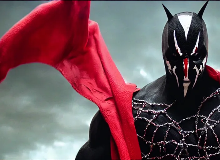 Image similar to film still of michael b jordan as spawn in the new spawn movie, giant chains, large cape, 8 k