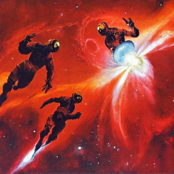 Prompt: two scientists wearing red hazmat suits leaping into geometric nebula by frank frazetta