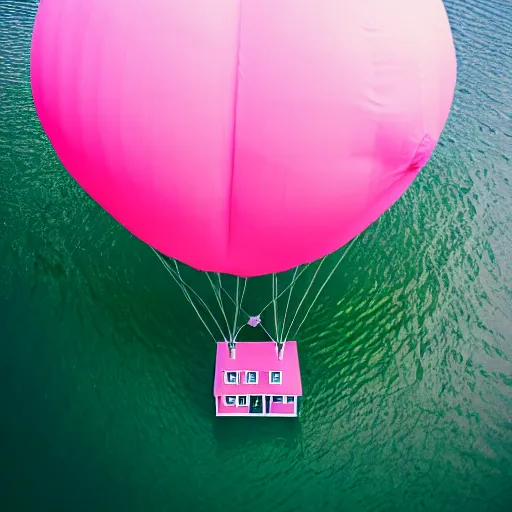 Image similar to dream a 5 0 mm lens photograph of a cute pink floating modern house, floating in the air between clouds, inspired by the movie up, held up from above by heart ballons. mist, playful composition canon, nikon, award winning, photo of the year