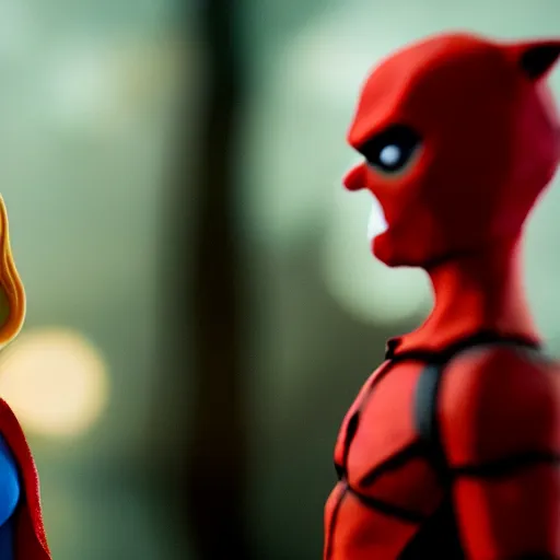 Image similar to a cinematic film still of a claymation stop motion film starring emma stone as red hood and andrew garfield as wolf, brunette hair, shallow depth of field, 8 0 mm, f 1. 8