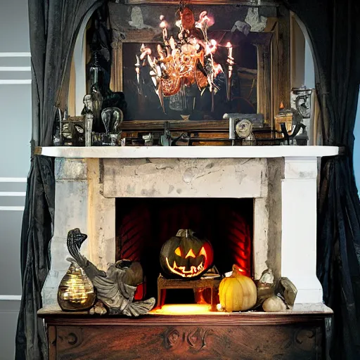 Image similar to a realistic photo of a fireplace mantle decorated for halloween, photorealism, dramatic lighting