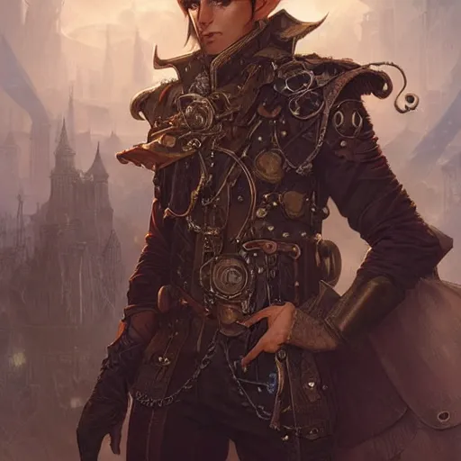 Prompt: a portrait of a steampunk male elf, highly detailed, art by artgerm and greg rutkowski and magali villeneuve